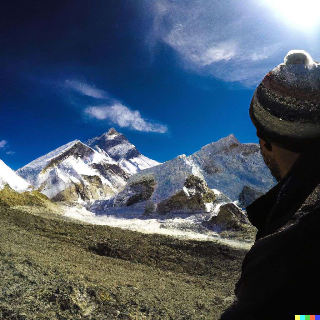 someone gazing at Mount Everest, photograph taken on a GoPro
